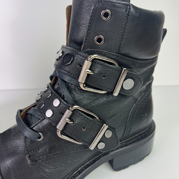 Frye Women's Samantha Stud Belted Hiker Combat Ankle Boots Black Size 7 - Picture 5 of 10